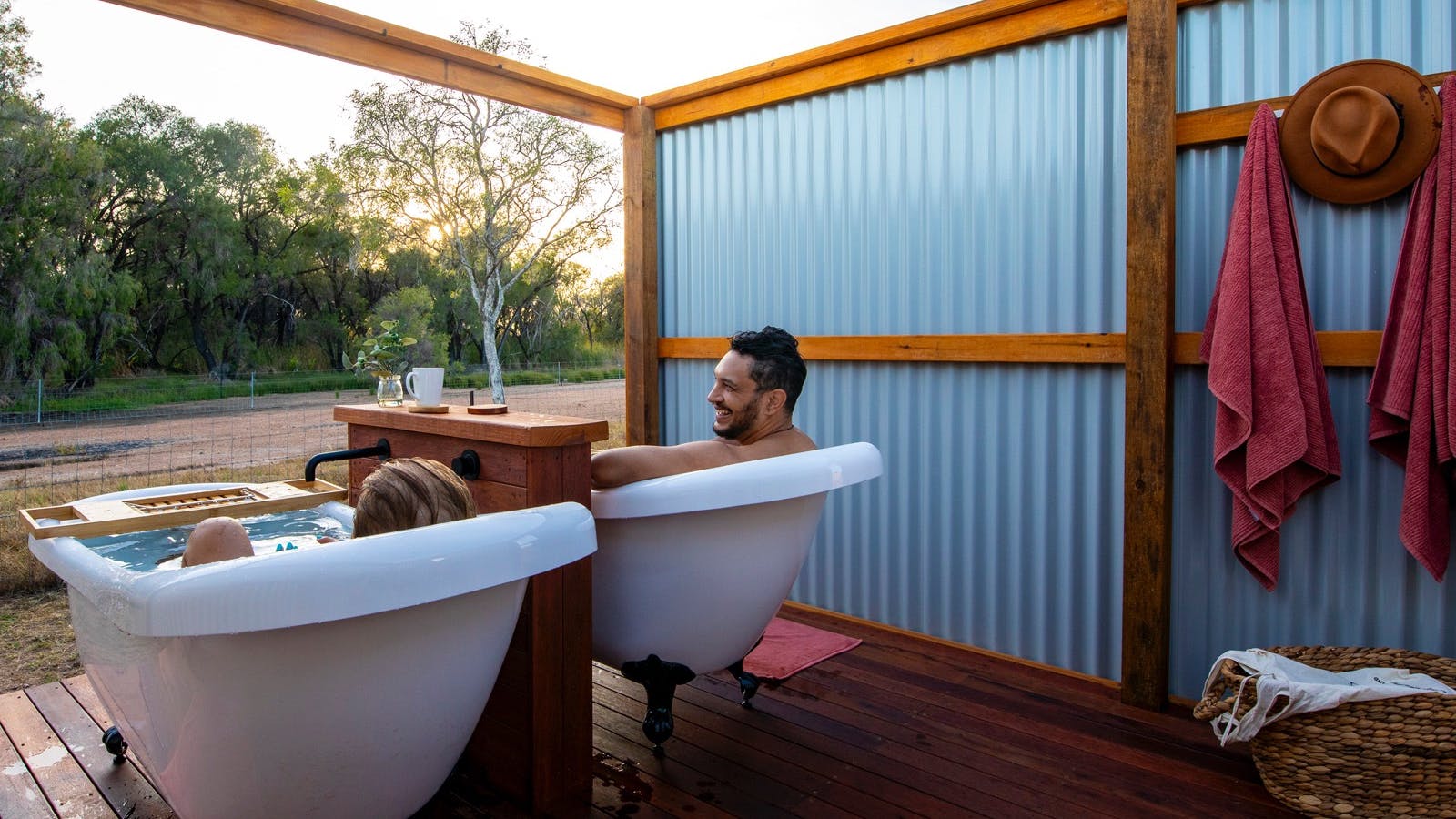 Twin clawfoot baths on Talaroo Eco Tents private bathing deck